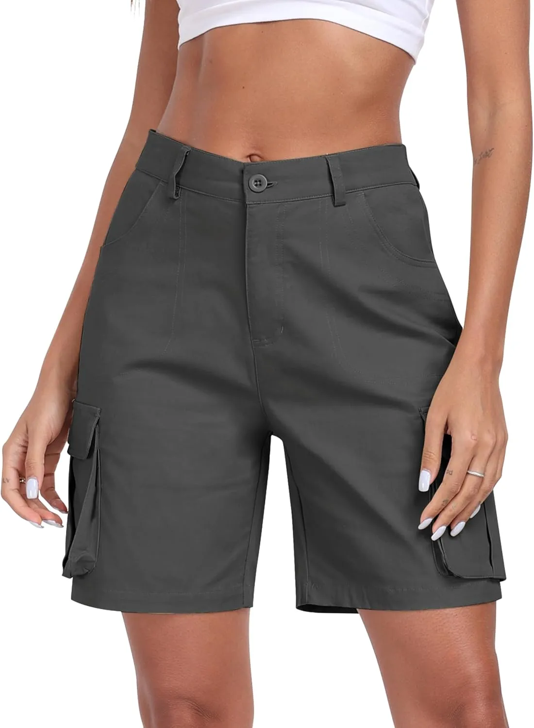 MoFiz Women's Cargo Shorts Bermuda Shorts Button Pockets Elastic Waist Knee Length Long Hiking Casual Shorts for Summer