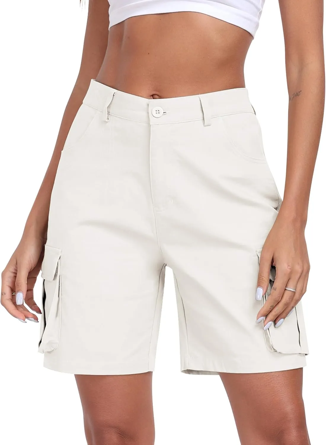 MoFiz Women's Cargo Shorts Bermuda Shorts Button Pockets Elastic Waist Knee Length Long Hiking Casual Shorts for Summer