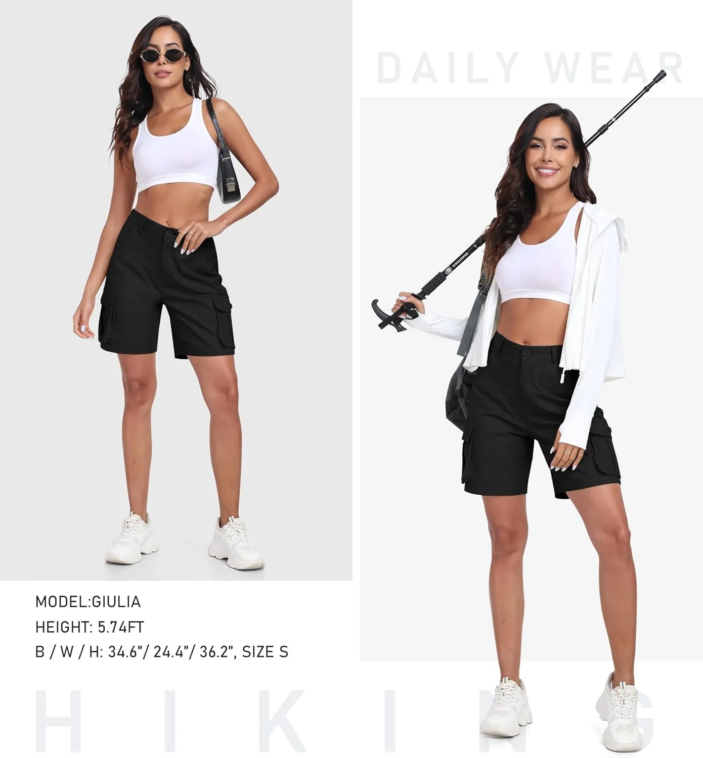 MoFiz Women's Cargo Shorts Bermuda Shorts Button Pockets Elastic Waist Knee Length Long Hiking Casual Shorts for Summer