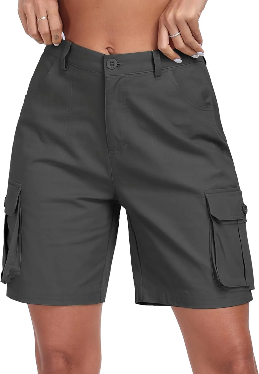 MoFiz Women's Cargo Shorts Bermuda Shorts Button Pockets Elastic Waist Knee Length Long Hiking Casual Shorts for Summer
