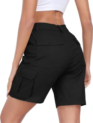 MoFiz Women's Cargo Shorts Bermuda Shorts Button Pockets Elastic Waist Knee Length Long Hiking Casual Shorts for Summer