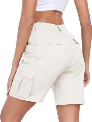 MoFiz Women's Cargo Shorts Bermuda Shorts Button Pockets Elastic Waist Knee Length Long Hiking Casual Shorts for Summer