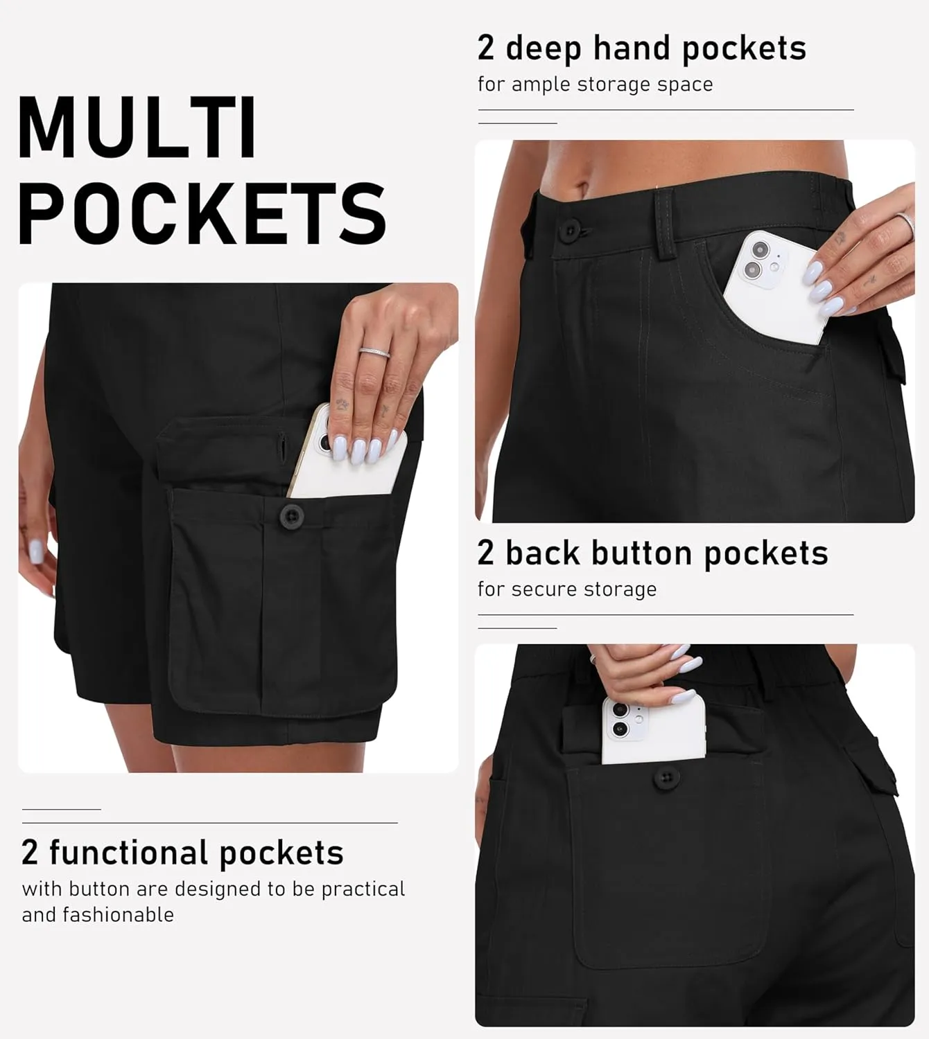 MoFiz Women's Cargo Shorts Bermuda Shorts Button Pockets Elastic Waist Knee Length Long Hiking Casual Shorts for Summer
