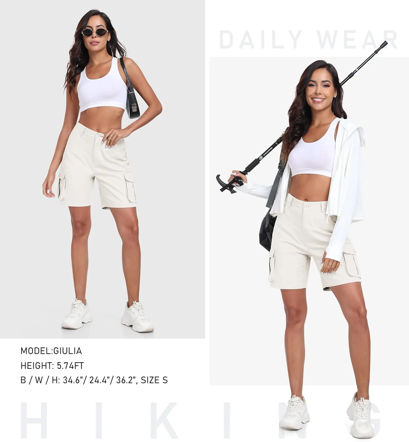 MoFiz Women's Cargo Shorts Bermuda Shorts Button Pockets Elastic Waist Knee Length Long Hiking Casual Shorts for Summer
