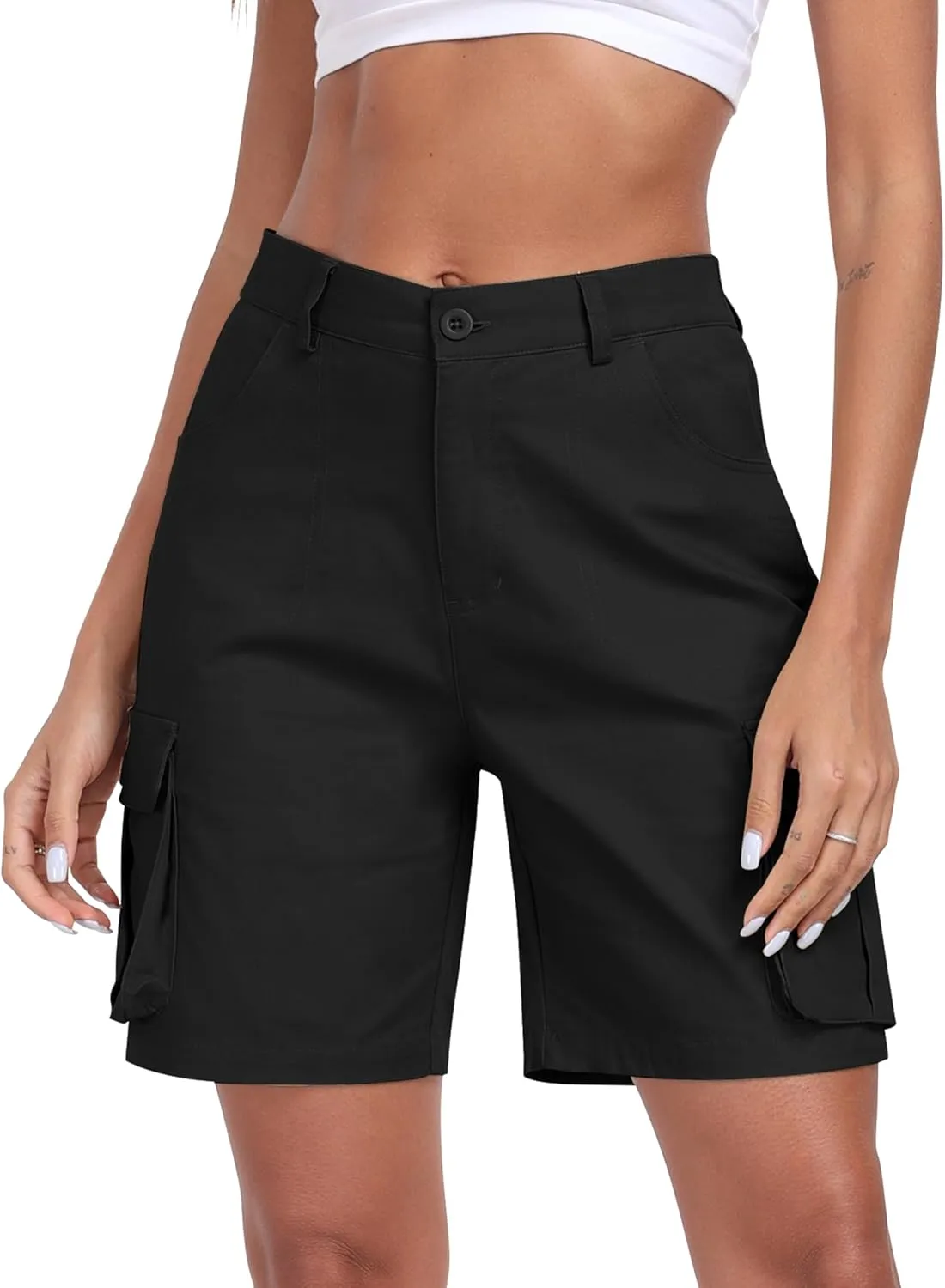 MoFiz Women's Cargo Shorts Bermuda Shorts Button Pockets Elastic Waist Knee Length Long Hiking Casual Shorts for Summer