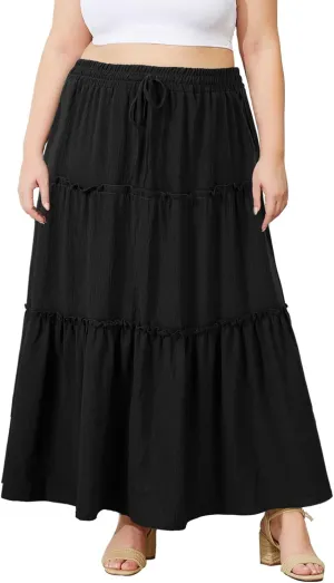 Moon Wood Women's Plus Size Maxi Skirt High Waisted Pleated A Line Flowy Tiered Long Skirts with Pockets