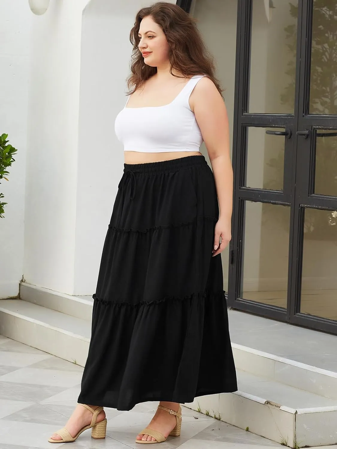 Moon Wood Women's Plus Size Maxi Skirt High Waisted Pleated A Line Flowy Tiered Long Skirts with Pockets