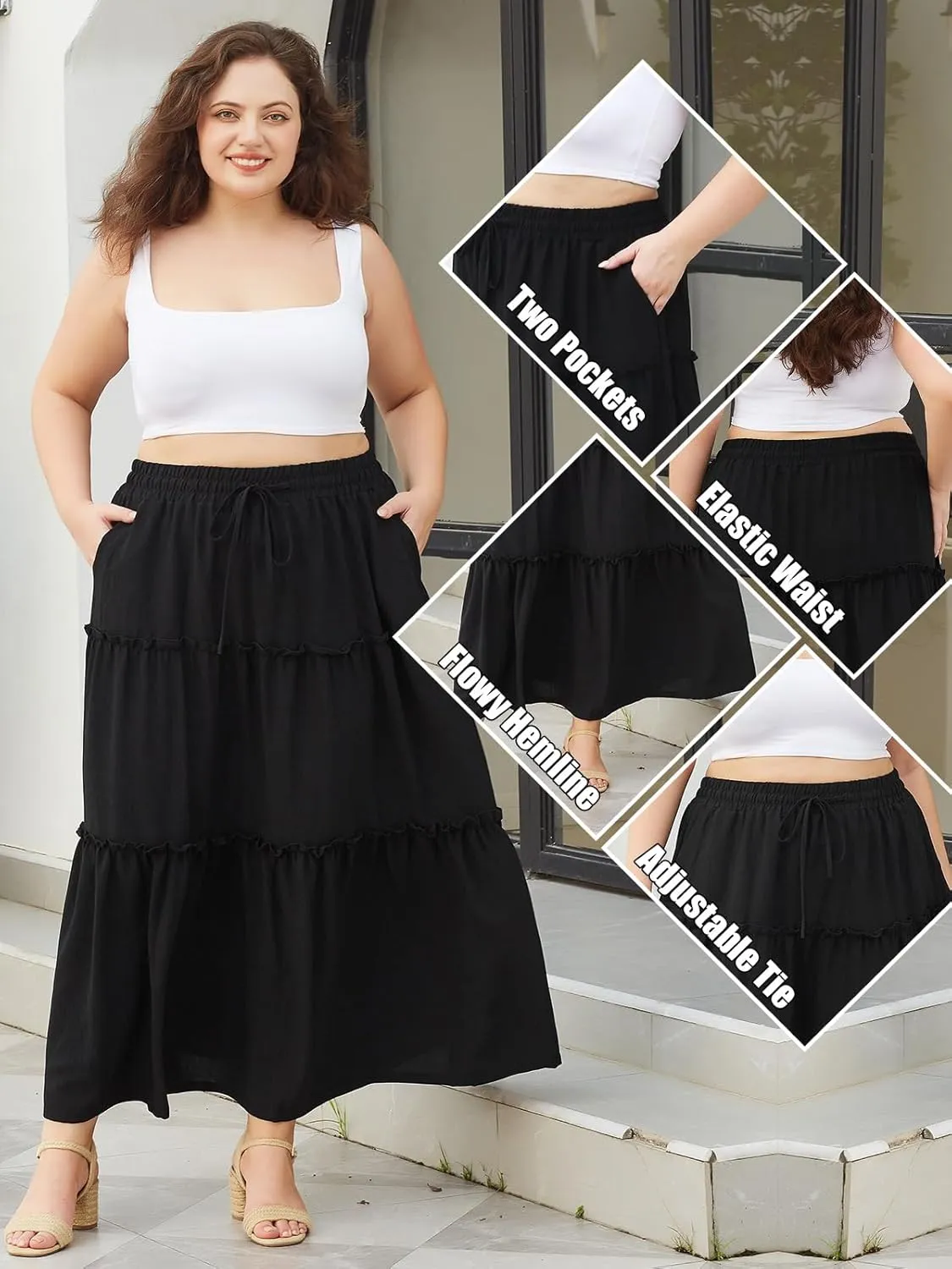 Moon Wood Women's Plus Size Maxi Skirt High Waisted Pleated A Line Flowy Tiered Long Skirts with Pockets