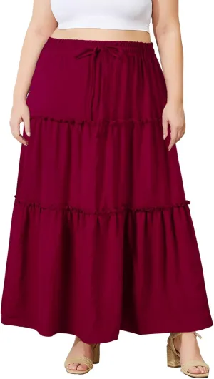 Moon Wood Women's Plus Size Maxi Skirt High Waisted Pleated A Line Flowy Tiered Long Skirts with Pockets
