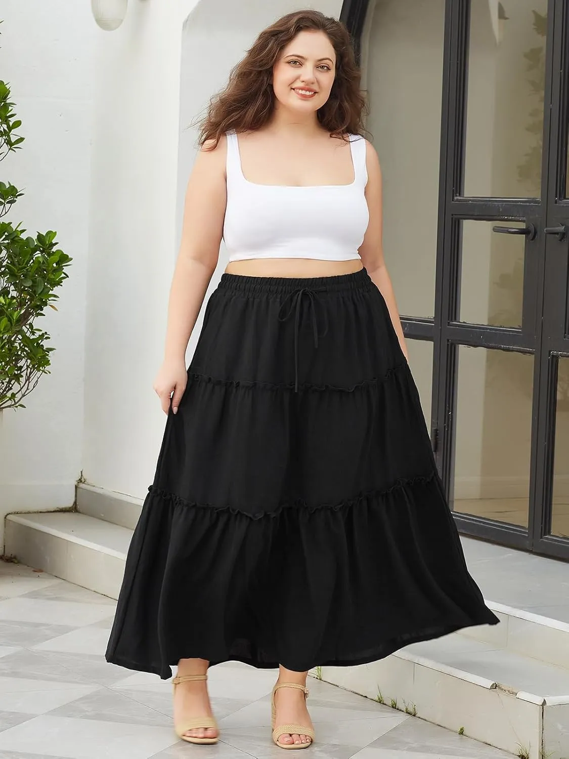 Moon Wood Women's Plus Size Maxi Skirt High Waisted Pleated A Line Flowy Tiered Long Skirts with Pockets