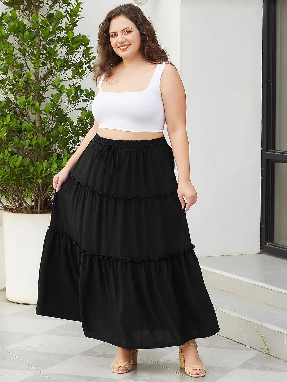 Moon Wood Women's Plus Size Maxi Skirt High Waisted Pleated A Line Flowy Tiered Long Skirts with Pockets