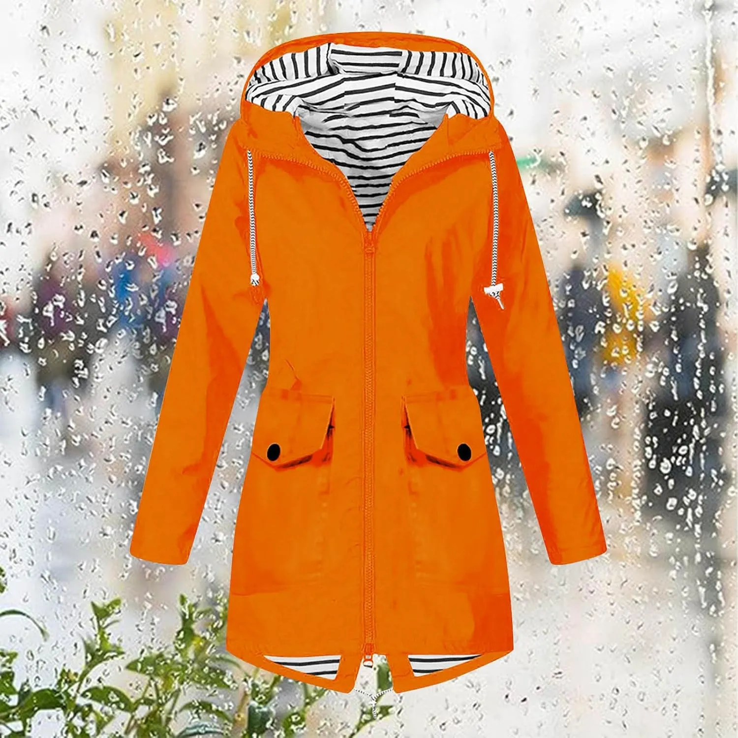 NaRHbrg Raincoat Hoodie for Women, Teen Girls Lightweight Hooded Jacket Solid Rain Jacket Outdoor Raincoat Windproof