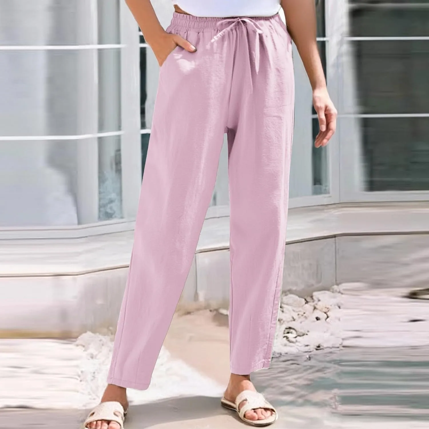 NBXNZWF Women's Cotton Linen Straight Leg Pants Elastic Drawstring Casual Trousers Summer Beach Lounge Pants with Pockets