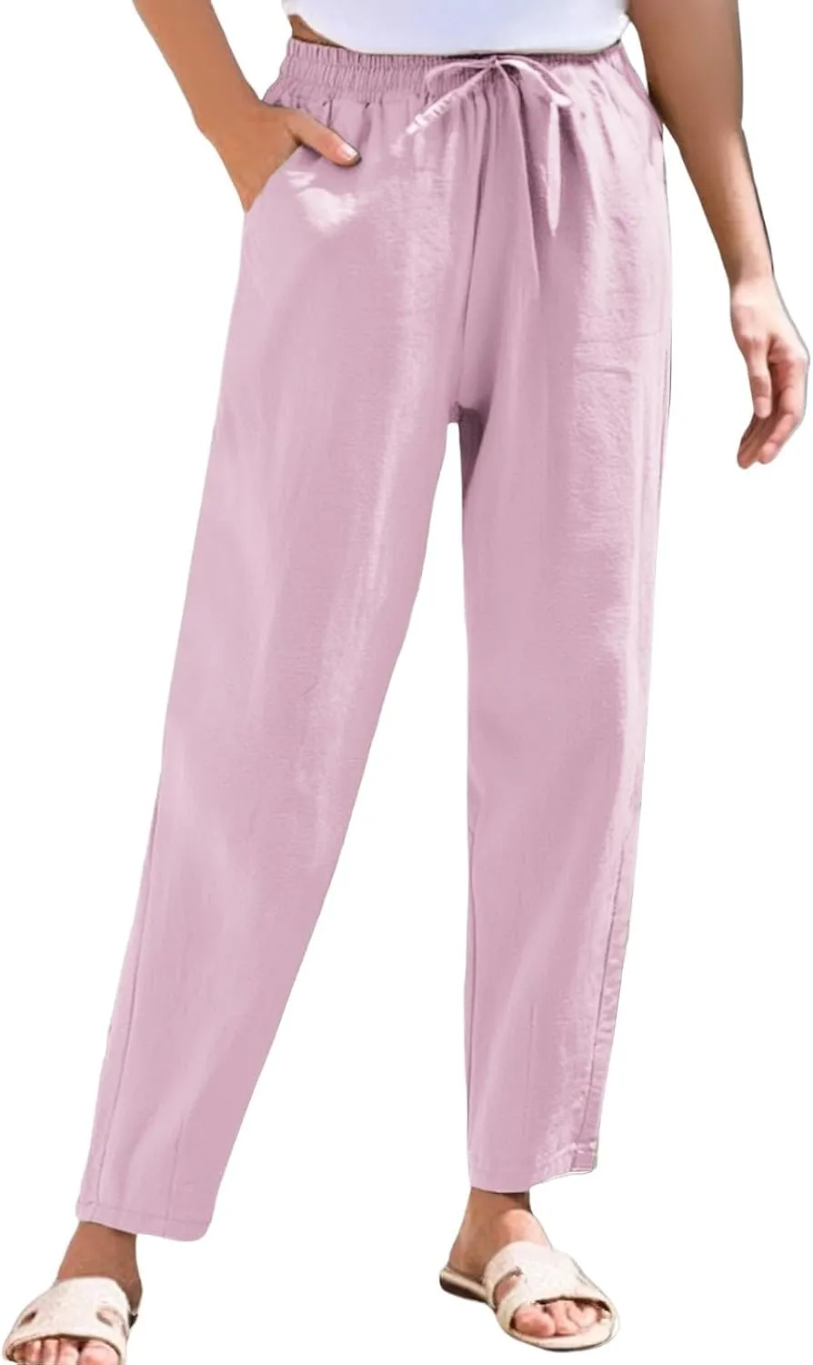 NBXNZWF Women's Cotton Linen Straight Leg Pants Elastic Drawstring Casual Trousers Summer Beach Lounge Pants with Pockets