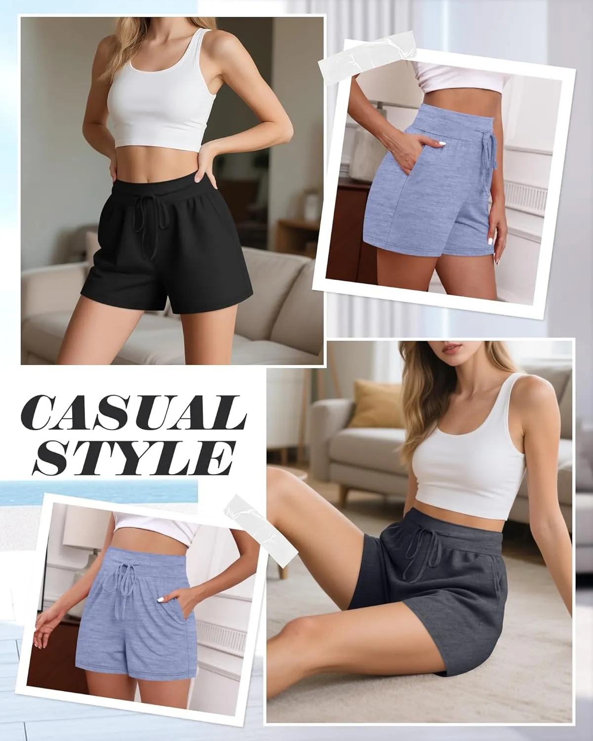 Neer 3 Pack Women's Sweat Shorts, Drawstring Cotton Lounge Shorts Casual Summer Lightweight Soft Athletic Shorts with Pockets