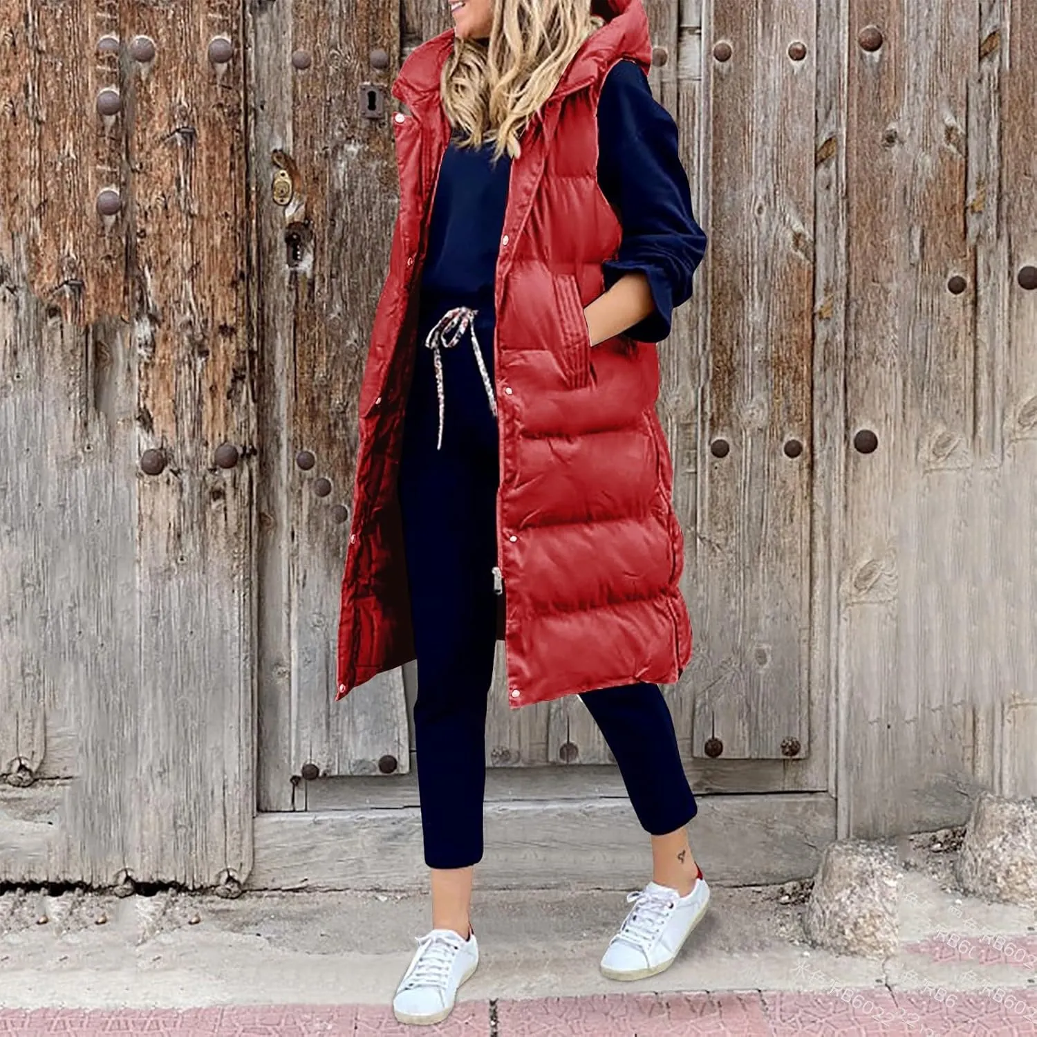 New Ladies Fashion Casual Padded Jacket Solid Color Hooded Slim Vest Temperament Sleeveless Cardigan Long Coat