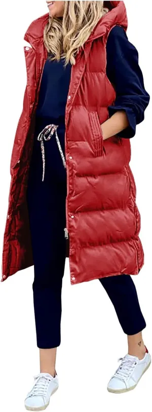 New Ladies Fashion Casual Padded Jacket Solid Color Hooded Slim Vest Temperament Sleeveless Cardigan Long Coat