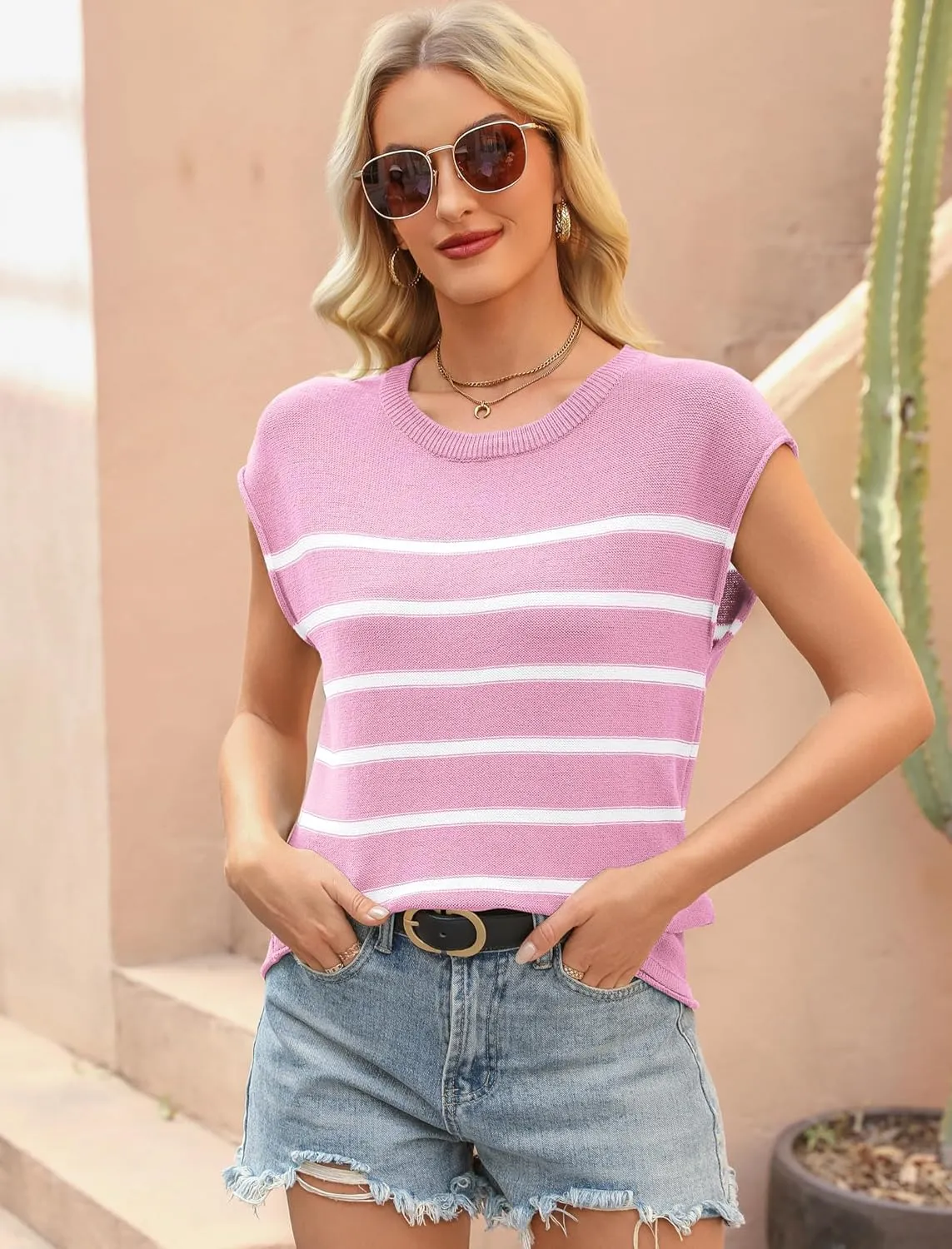 Neweek Women's Cap Sleeve Sweater Vest Crew Neck Sleeveless Casual Knit Tops 2025 Summer Clothes S-XXL