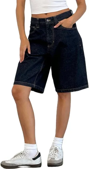 NUFIWI Women Y2k Boyfriend Denim Shorts Low Waist Wide Leg Bermuda Shorts Straight Leg Summer Jean Shorts Streetwear