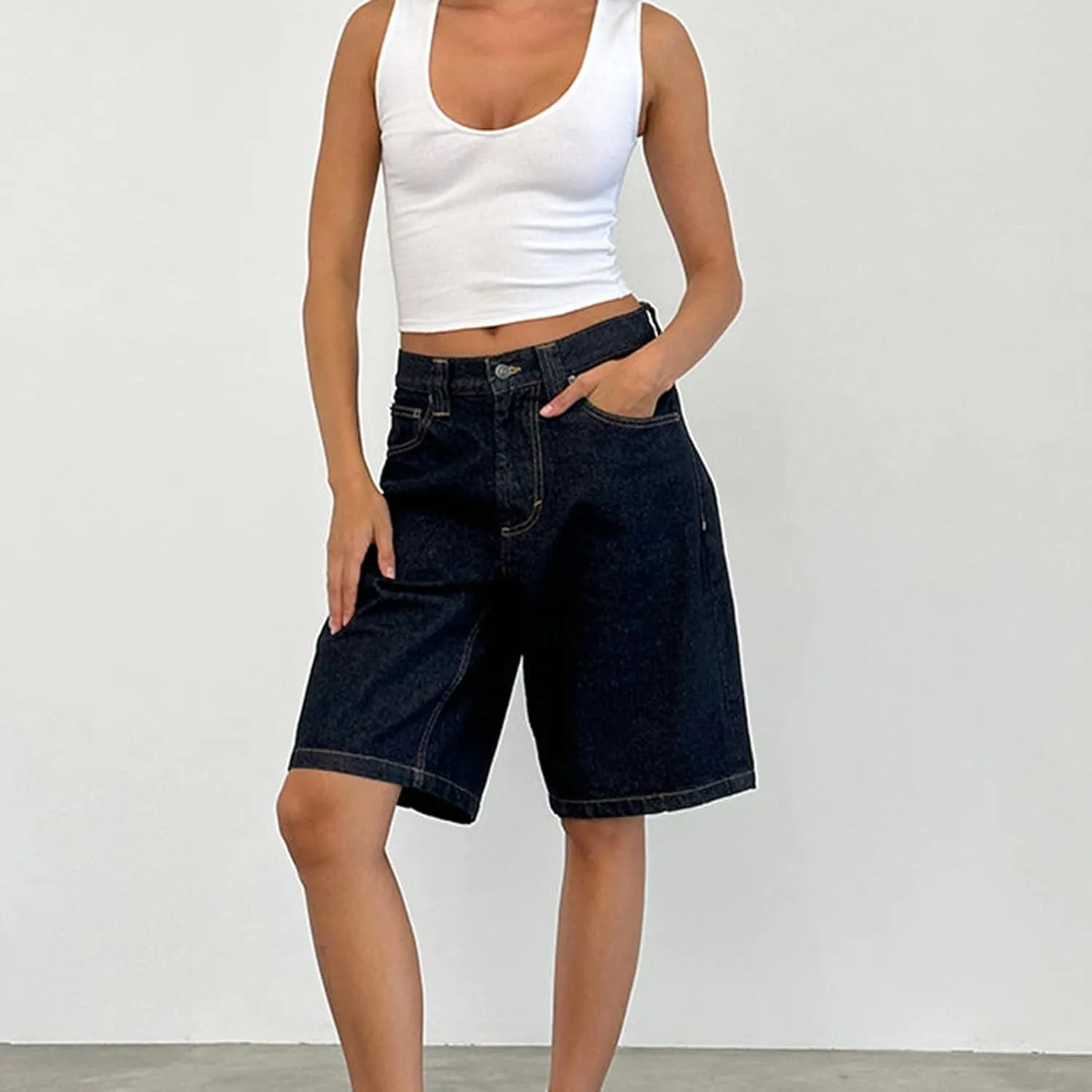 NUFIWI Women Y2k Boyfriend Denim Shorts Low Waist Wide Leg Bermuda Shorts Straight Leg Summer Jean Shorts Streetwear