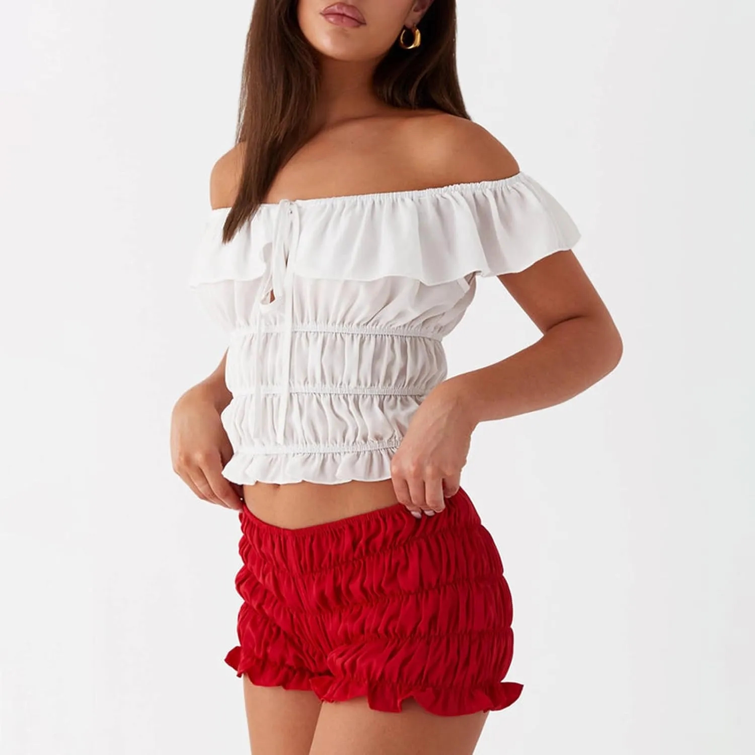 NUFIWI Women Y2k Ruched Mini Shorts Low Waist Ruffle Frill Bloomers Lounge Pajamas Shorts Smocked Micro Shorts Sleepwear