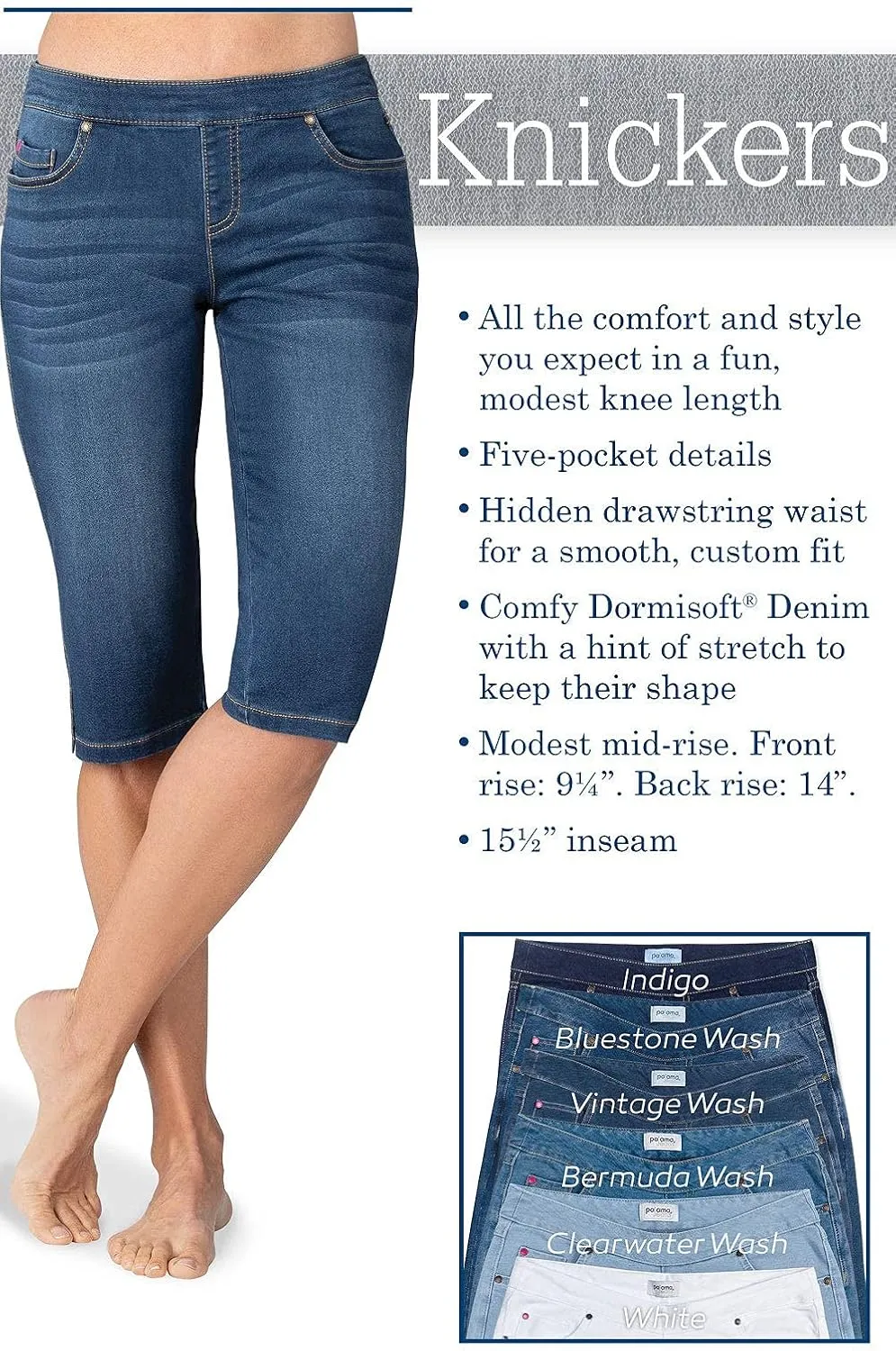 PajamaJeans Ladies Bermuda Shorts for Women - Pedal Pushers for Women Knee Length Shorts - Pull on Shorts Women with Pockets