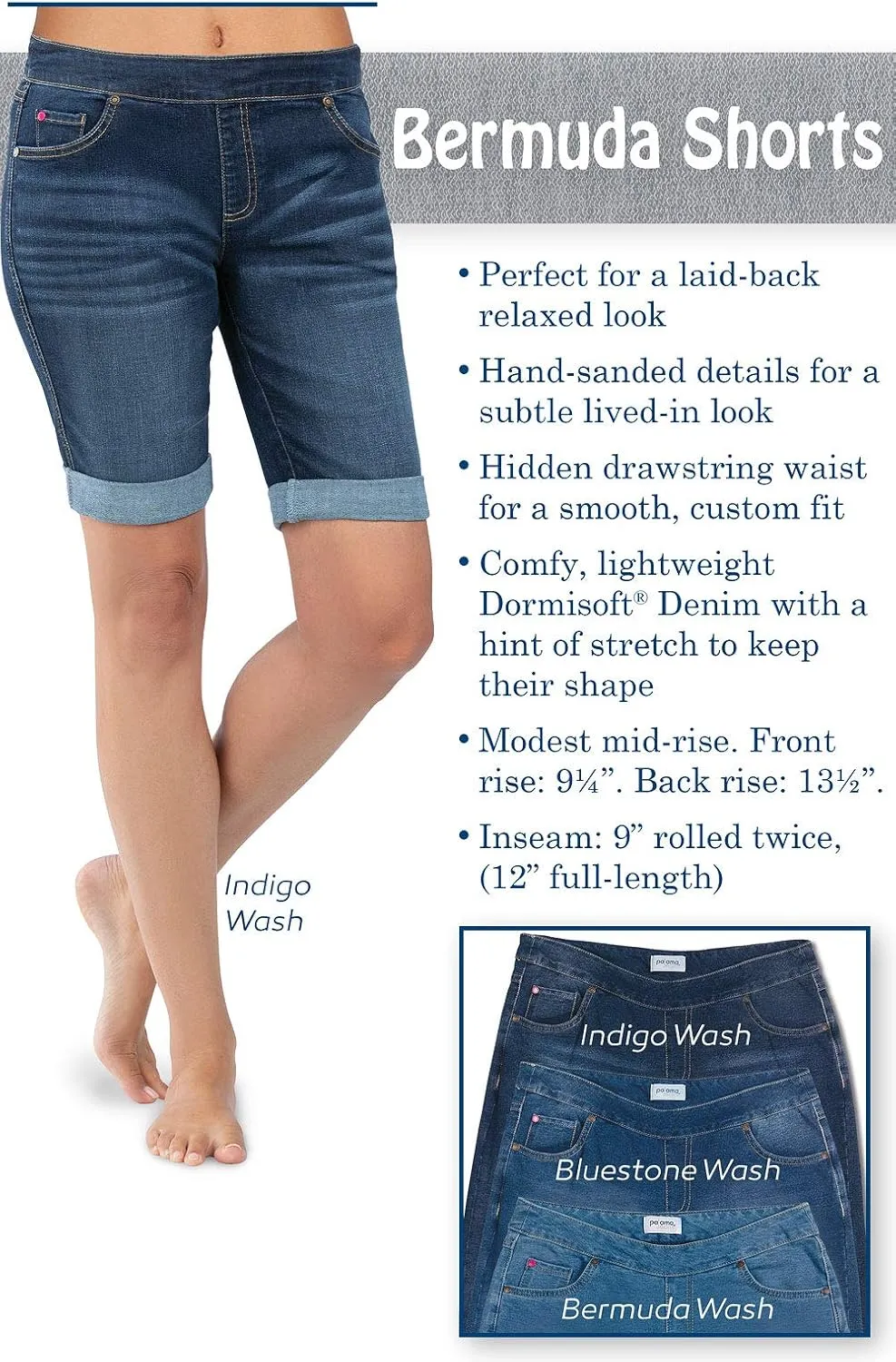 PajamaJeans Summer Knee Length Shorts for Women - Pull On Women's Shorts with Pockets, Stretch Denim Womens Shorts for Ladies