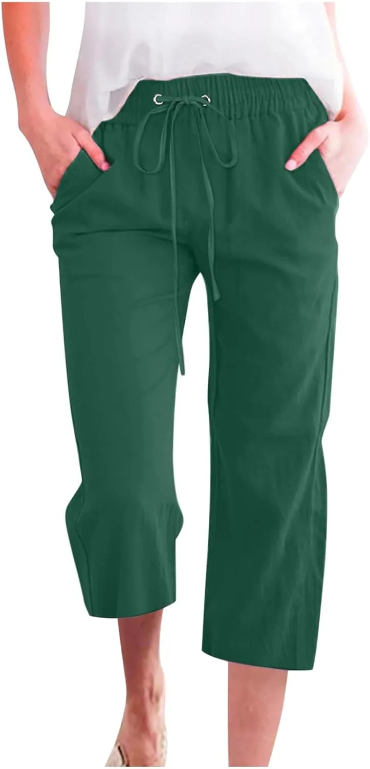 Pants for Women Dressy Casual 2024 Summer Cotton Linen Capris Drawstring Cropped Lounge Trousers Vacation Outfits