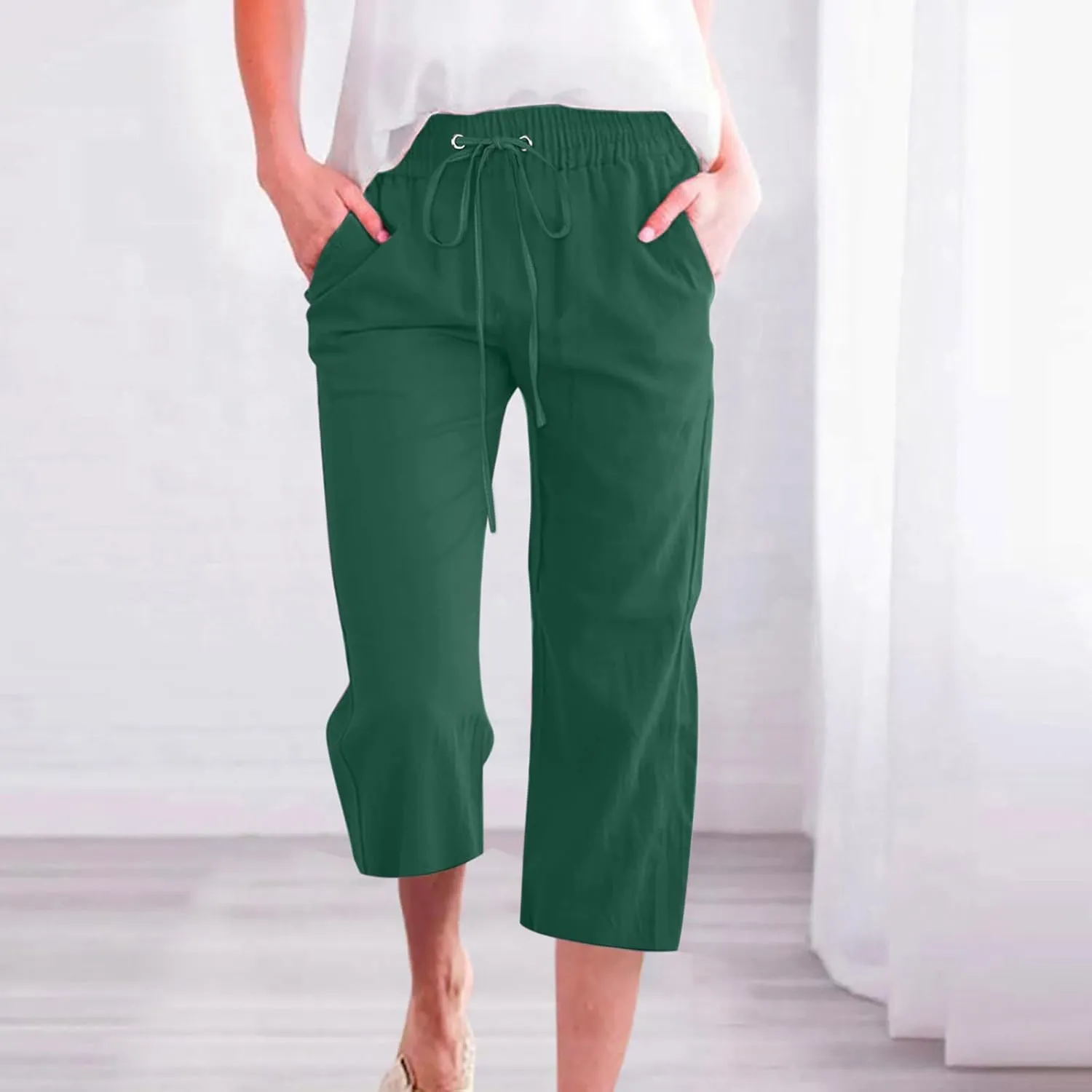 Pants for Women Dressy Casual 2024 Summer Cotton Linen Capris Drawstring Cropped Lounge Trousers Vacation Outfits