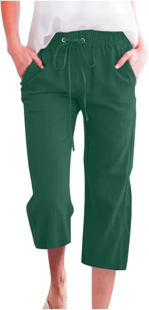 Pants for Women Dressy Casual 2024 Summer Cotton Linen Capris Drawstring Cropped Lounge Trousers Vacation Outfits