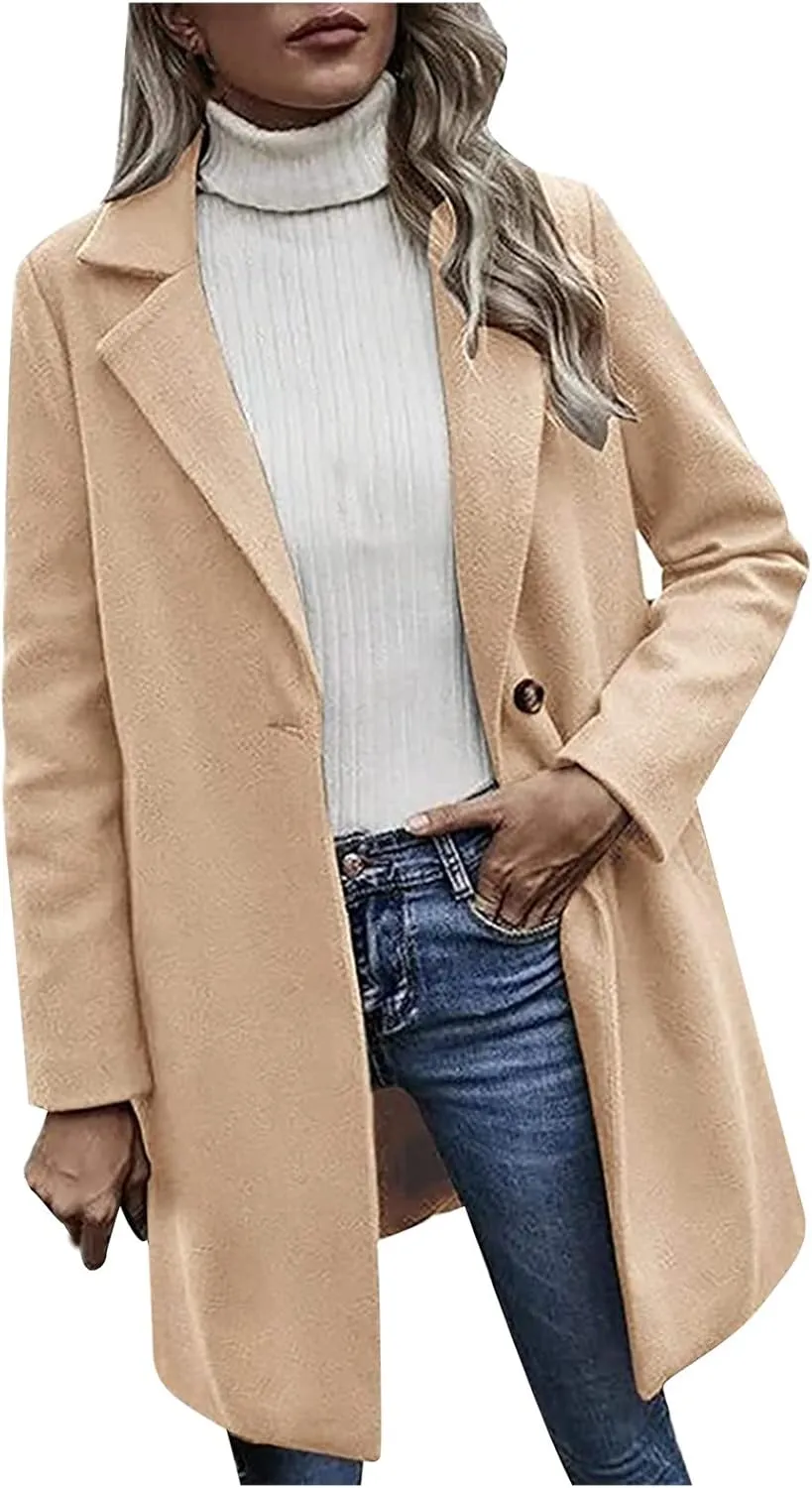 Pea Coats for Women Notch Collar Single Breasted Mid-Long Trench Coat Essential Winter Warm Casual Woolen Overcoat
