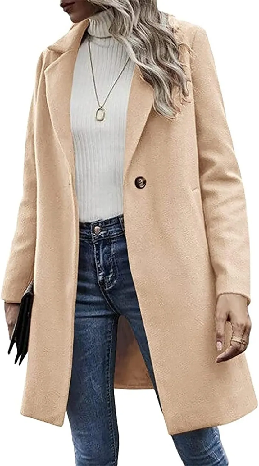 Pea Coats for Women Notch Collar Single Breasted Mid-Long Trench Coat Essential Winter Warm Casual Woolen Overcoat