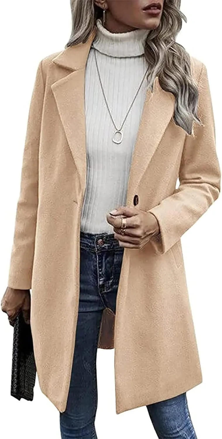 Pea Coats for Women Notch Collar Single Breasted Mid-Long Trench Coat Essential Winter Warm Casual Woolen Overcoat