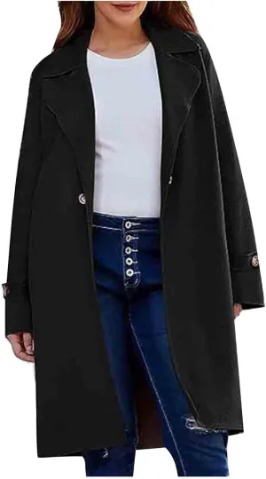 Pea Coats for Women Notch Collar Single Breasted Mid-Long Trench Coat Essential Winter Warm Casual Woolen Overcoat