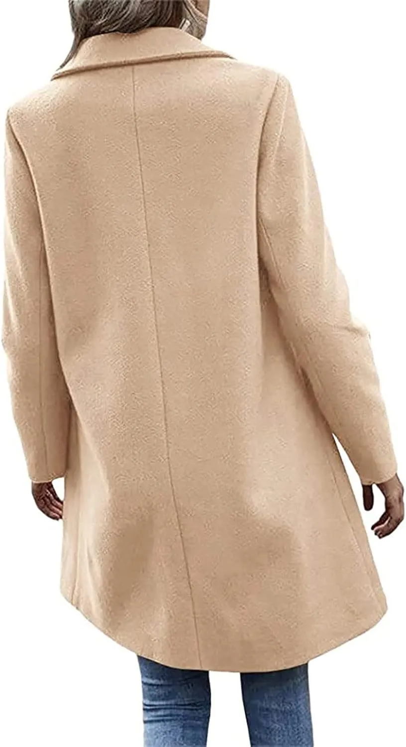 Pea Coats for Women Notch Collar Single Breasted Mid-Long Trench Coat Essential Winter Warm Casual Woolen Overcoat