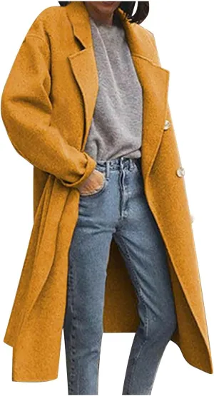 Pea Coats for Women Winter Wool Blend Camel Trench Coat Notch Lapel Double-Breasted Mid-Long Jacket Outwear