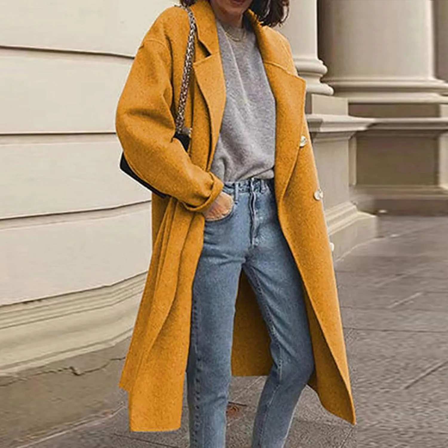 Pea Coats for Women Winter Wool Blend Camel Trench Coat Notch Lapel Double-Breasted Mid-Long Jacket Outwear