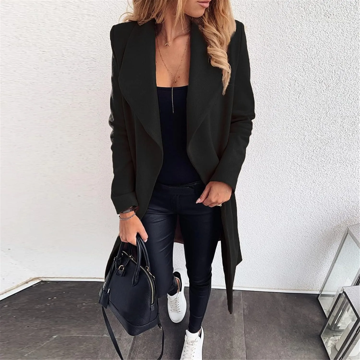 Pea Coats for Women Winter Wool Blend Trench Coat Elegant Double Breasted Lapel Jacket Mid Long Length Dress Coats