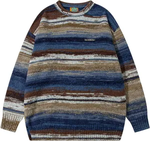 PEHMEA Men's Vintage Striped Sweater Oversized Knitted Pullover Crewneck Long Sleeve Colorblock Jumper Tops