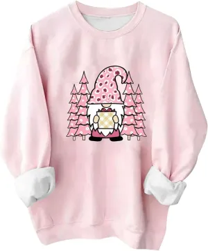 Pink Christmas Sweatshirts for Women Funny Cute Gnomes Santa Oversized Long Sleeve Shirts Vacation Pullovers Xmas Gift