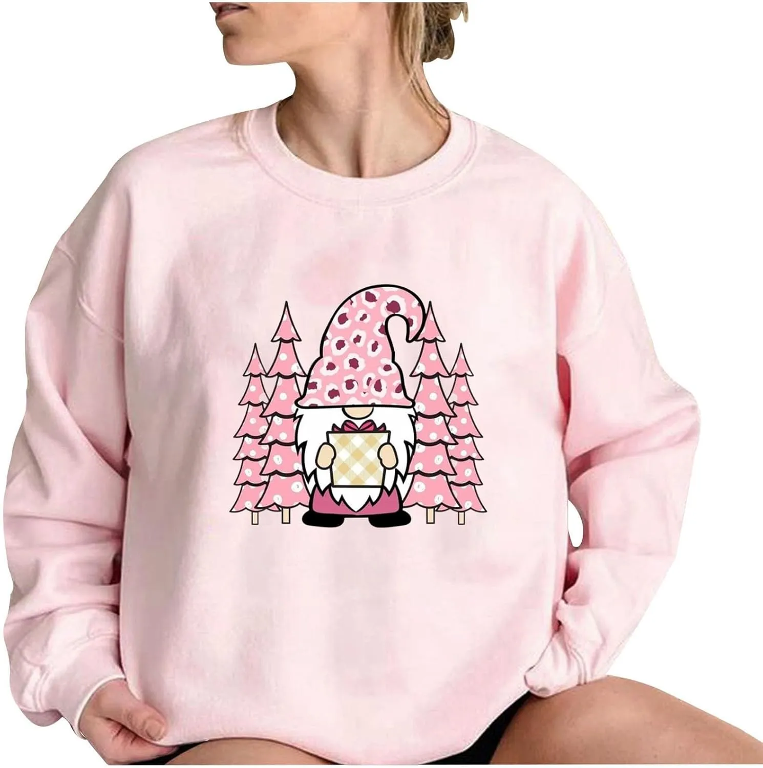 Pink Christmas Sweatshirts for Women Funny Cute Gnomes Santa Oversized Long Sleeve Shirts Vacation Pullovers Xmas Gift