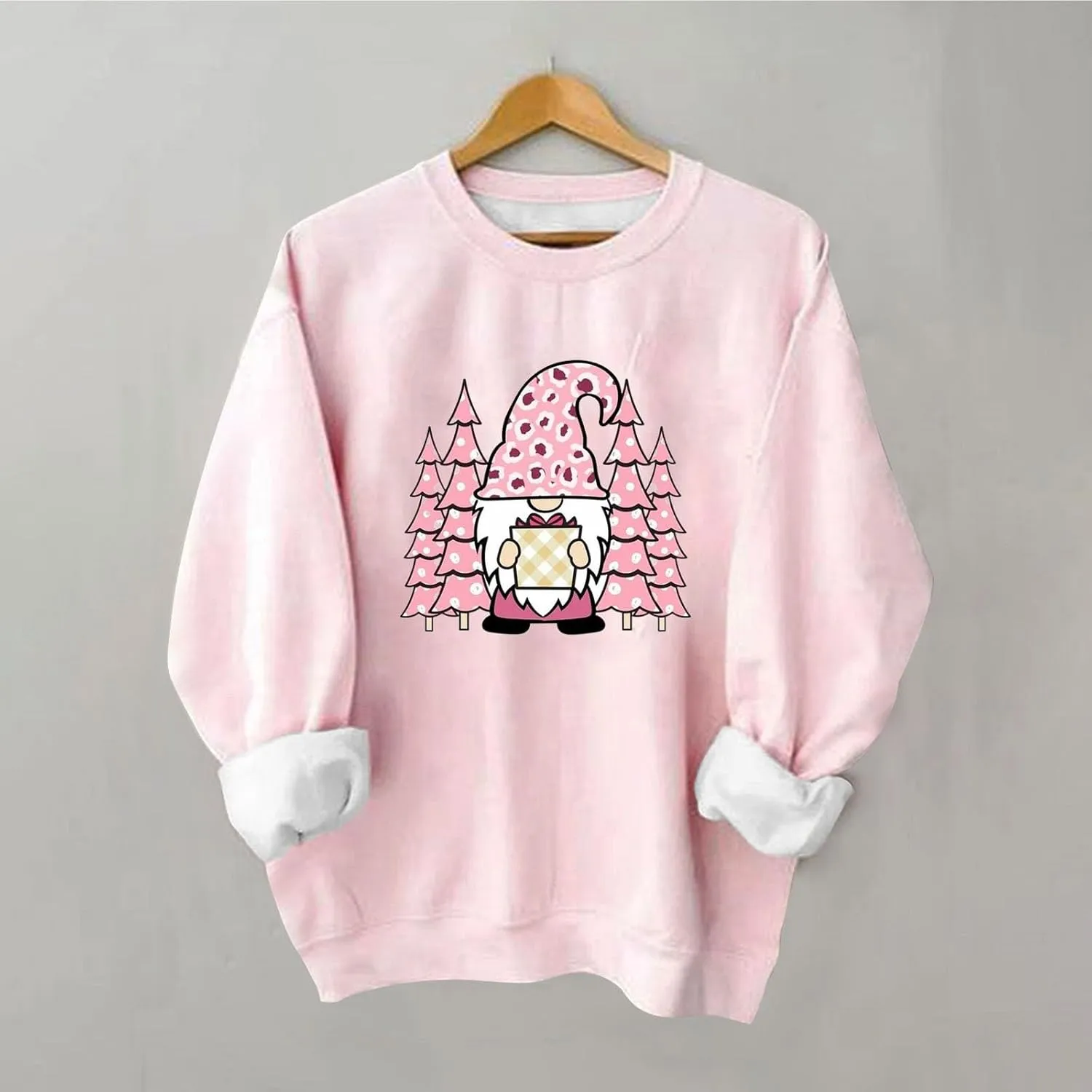 Pink Christmas Sweatshirts for Women Funny Cute Gnomes Santa Oversized Long Sleeve Shirts Vacation Pullovers Xmas Gift