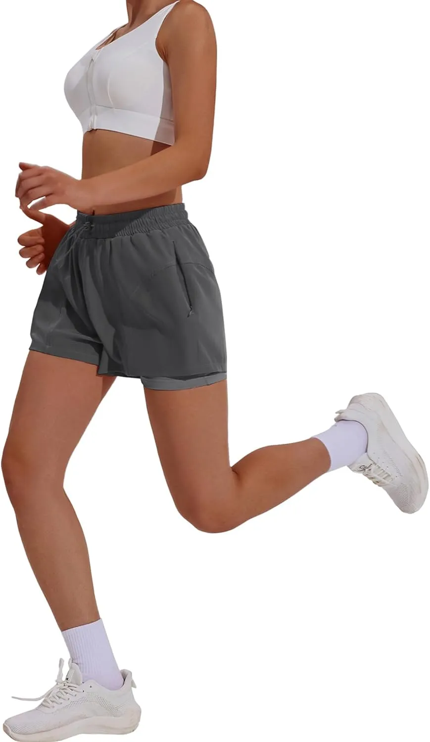 PINSPARK Athletic Shorts for Women High Waisted Workout Short 2 in 1 Running Shorts Gym Shorts with Zipper Pockets