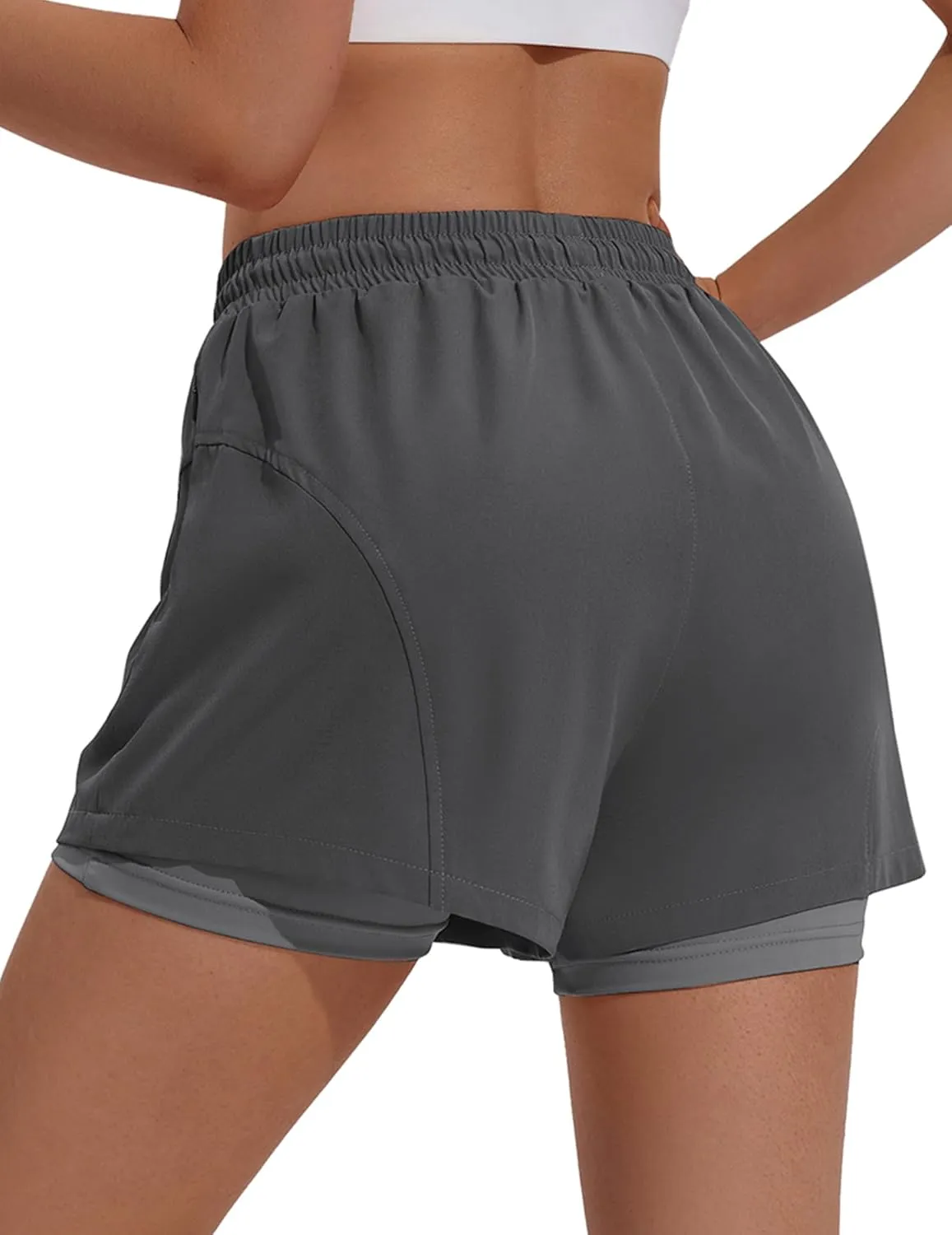 PINSPARK Athletic Shorts for Women High Waisted Workout Short 2 in 1 Running Shorts Gym Shorts with Zipper Pockets