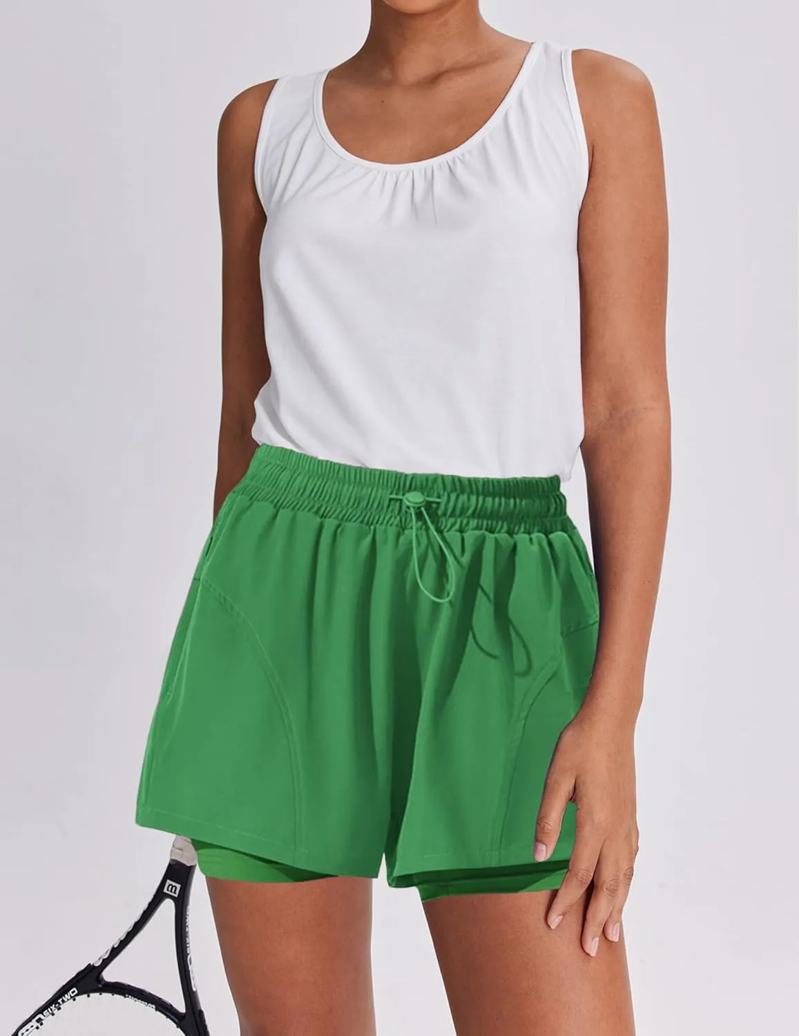 PINSPARK Athletic Shorts for Women High Waisted Workout Short 2 in 1 Running Shorts Gym Shorts with Zipper Pockets