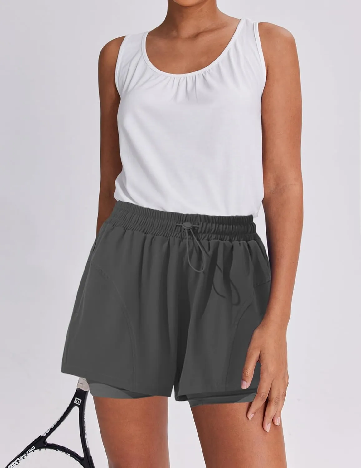 PINSPARK Athletic Shorts for Women High Waisted Workout Short 2 in 1 Running Shorts Gym Shorts with Zipper Pockets