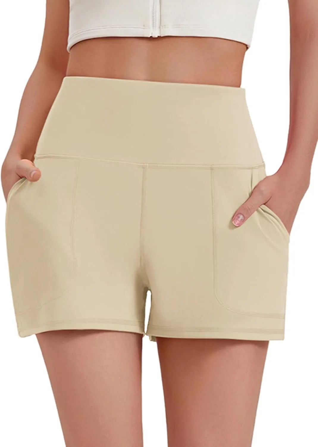 PINSPARK Workout Shorts Women Wide Leg Athletic Shorts High Waisted Yoga Shorts Tummy Control Gym Short with Pockets