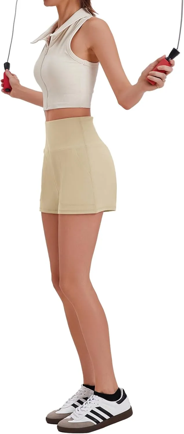 PINSPARK Workout Shorts Women Wide Leg Athletic Shorts High Waisted Yoga Shorts Tummy Control Gym Short with Pockets