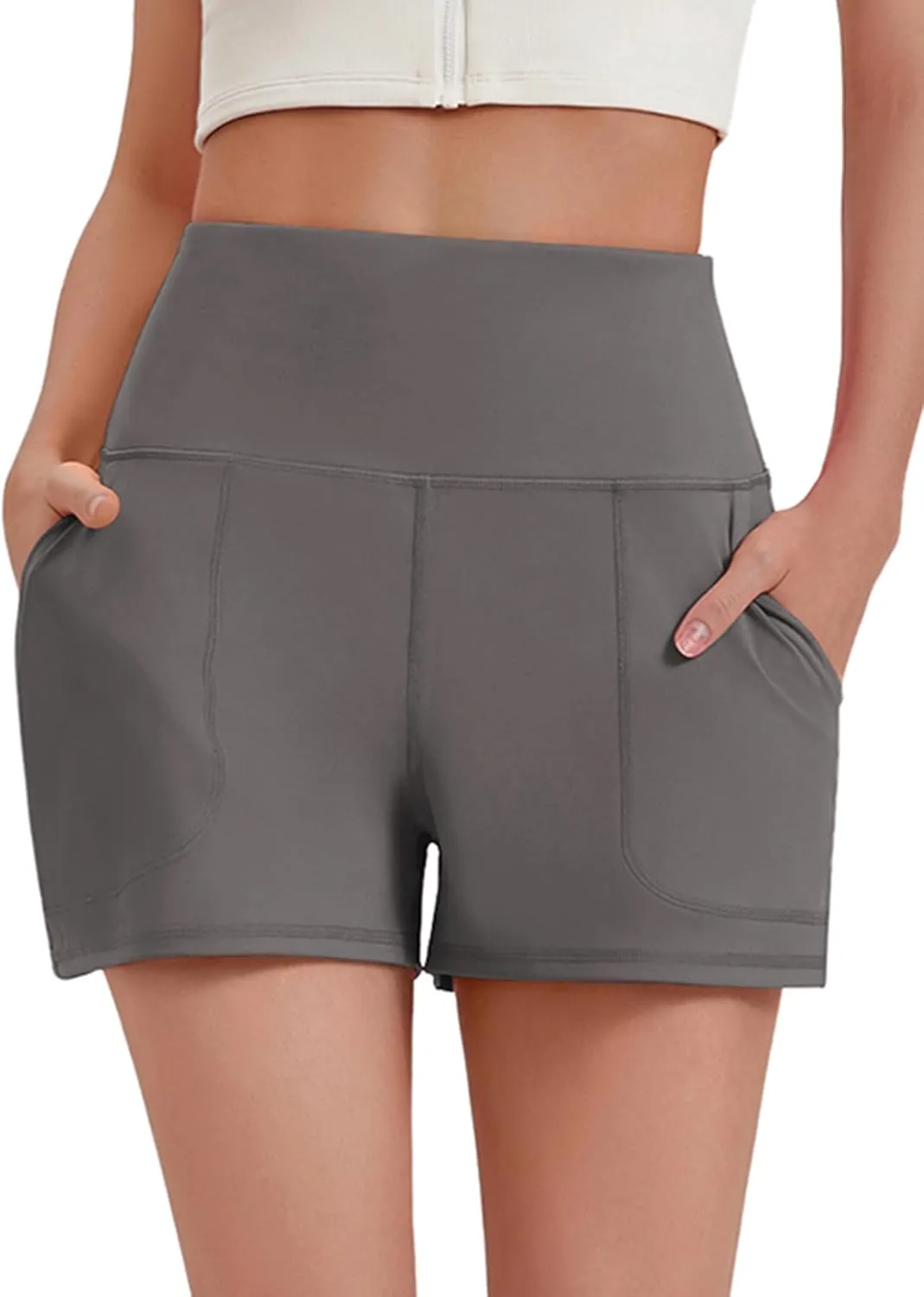 PINSPARK Workout Shorts Women Wide Leg Athletic Shorts High Waisted Yoga Shorts Tummy Control Gym Short with Pockets