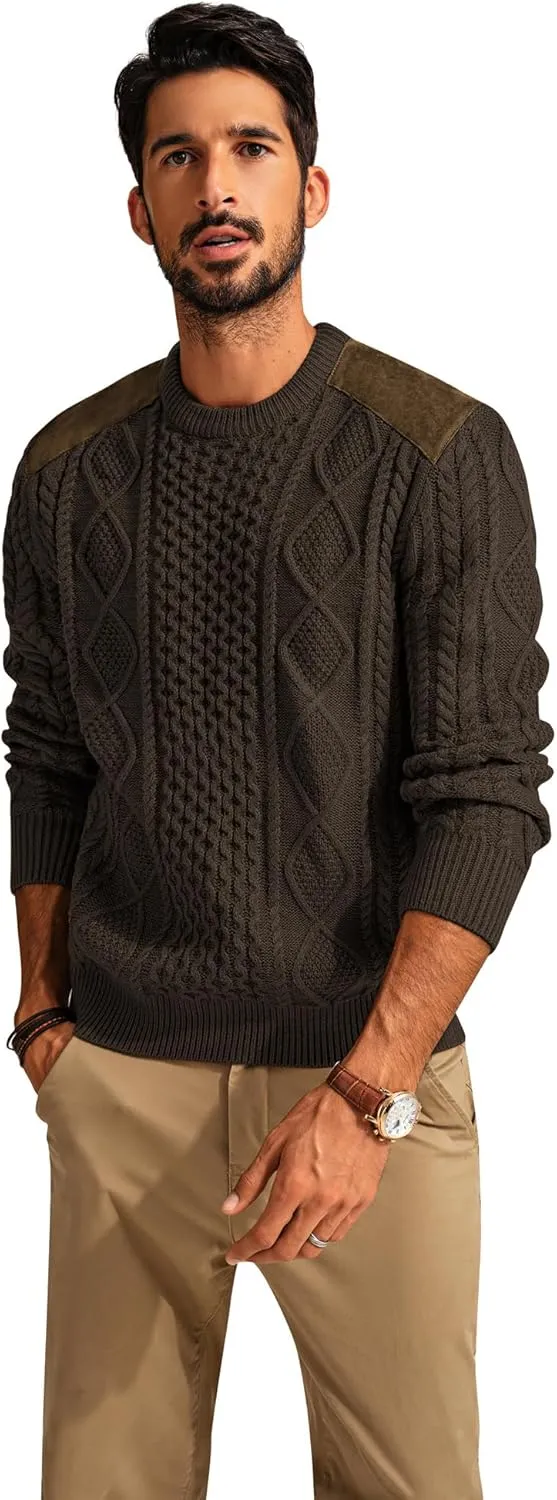 PJ PAUL JONES Men's Military Pullover Sweater Crewneck Vintage Cable Knit Sweater with Suede Patchwork
